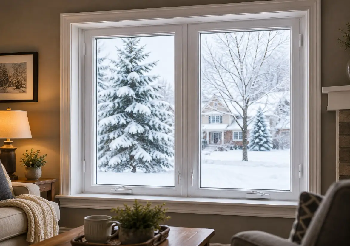 Cozy living room with large window showing snow-covered trees and houses outside