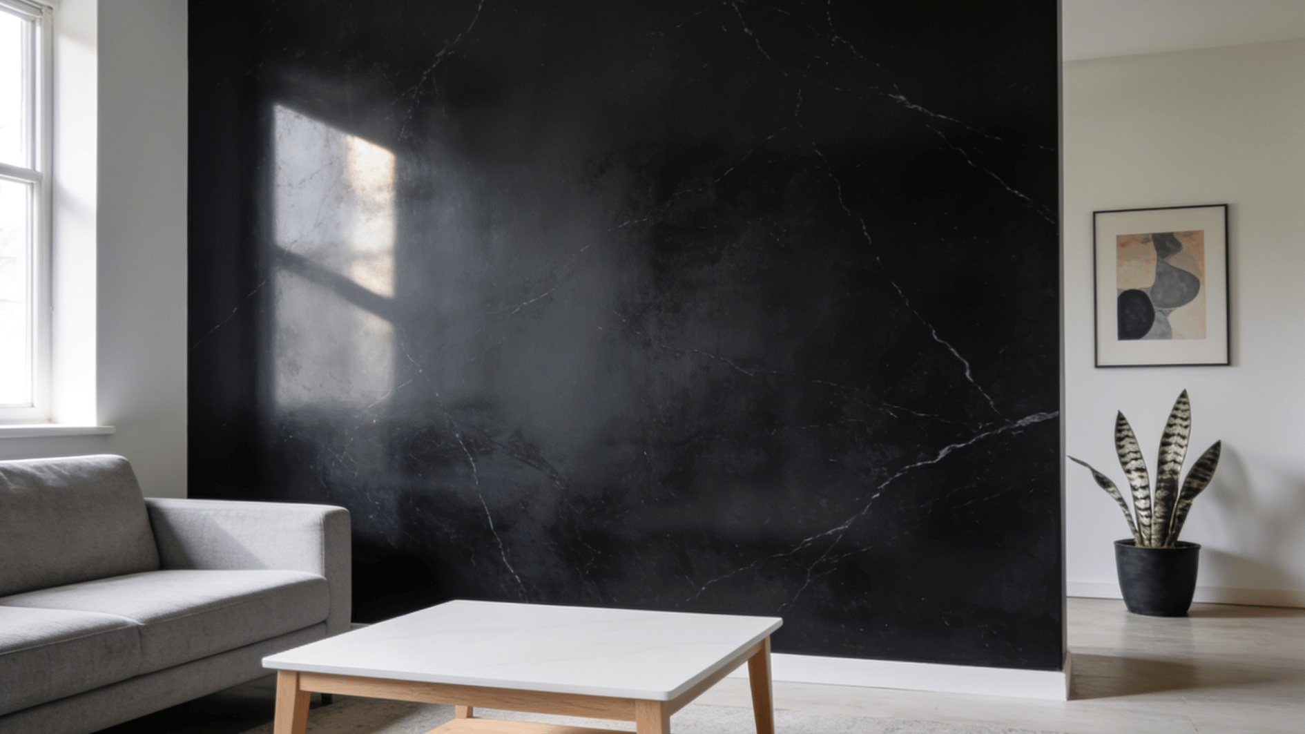onyx black painted wall in natural daylight showing deep color and subtle cool gray undertones in modern room