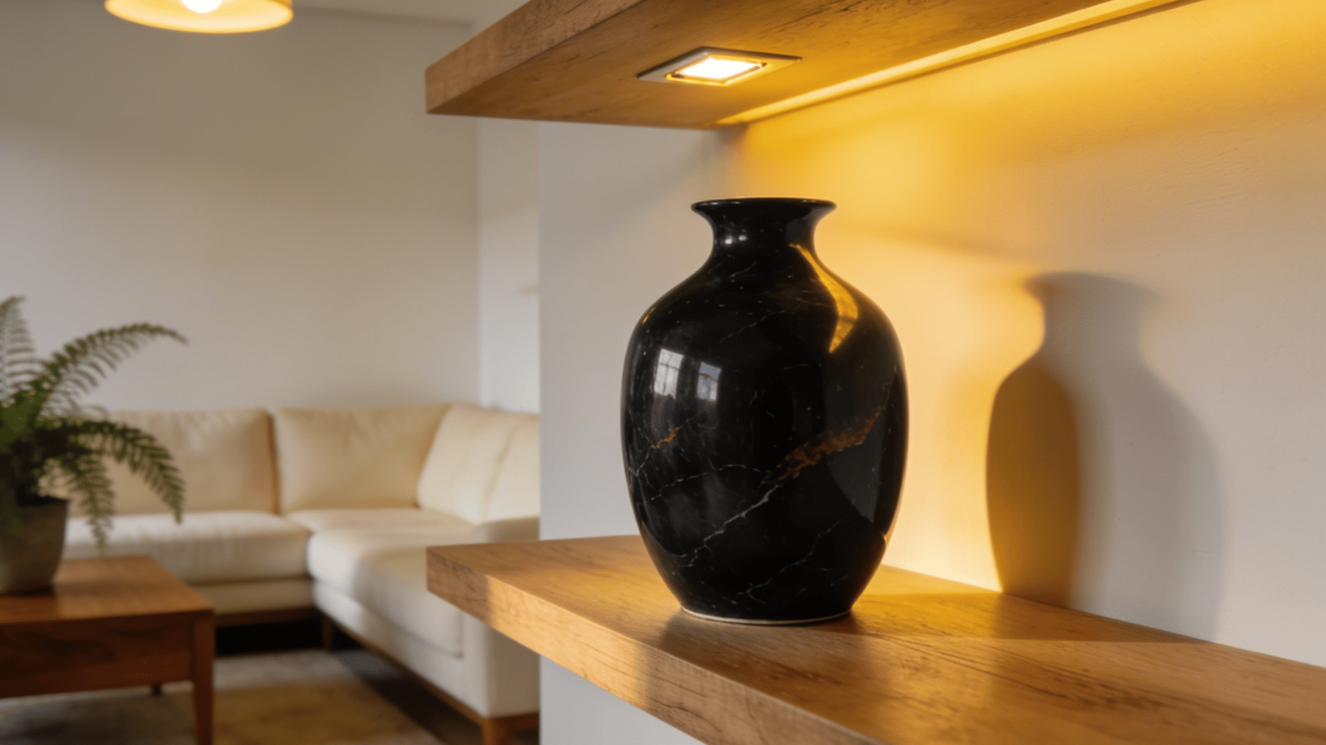 onyx black vase on wooden shelf under warm lighting showing subtle brown undertones in cozy interior setting