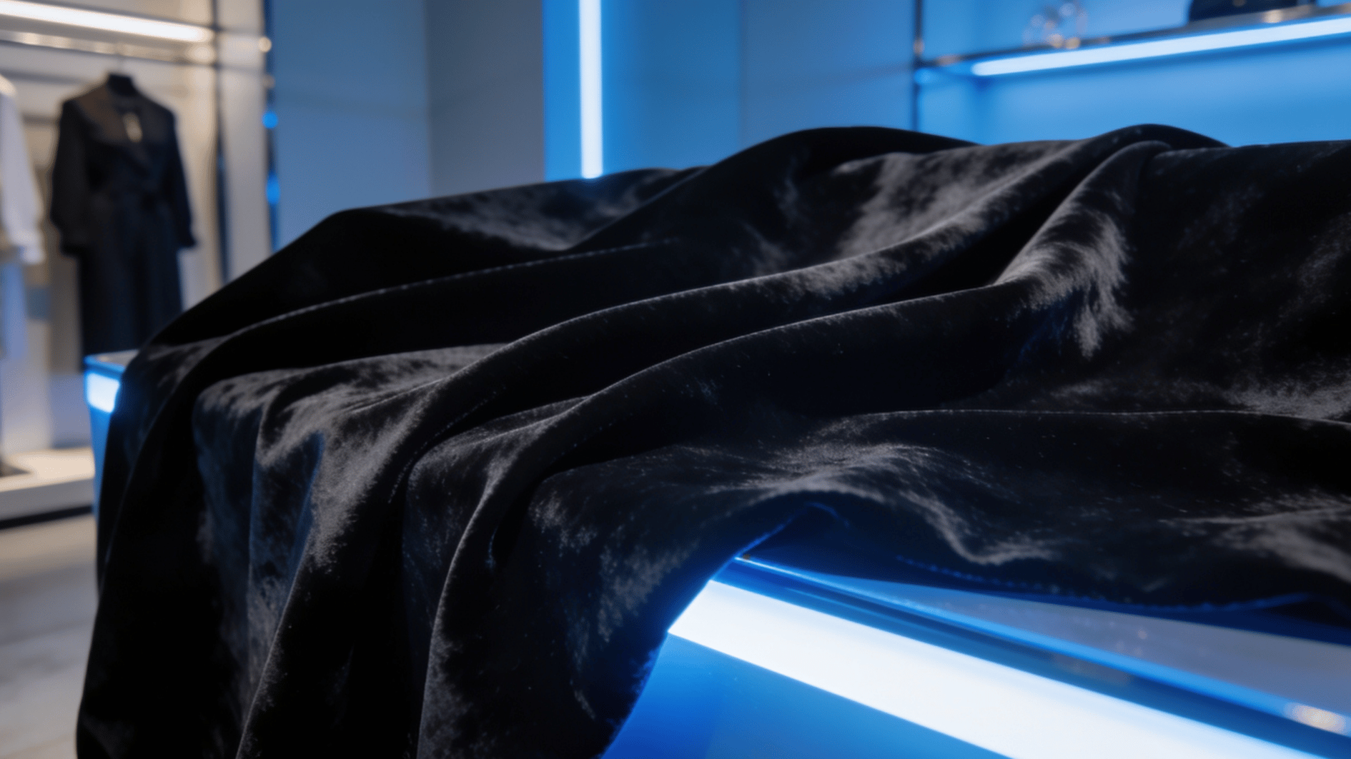 onyx black velvet fabric under cool blue led lighting showing enhanced gray undertones and luxury texture