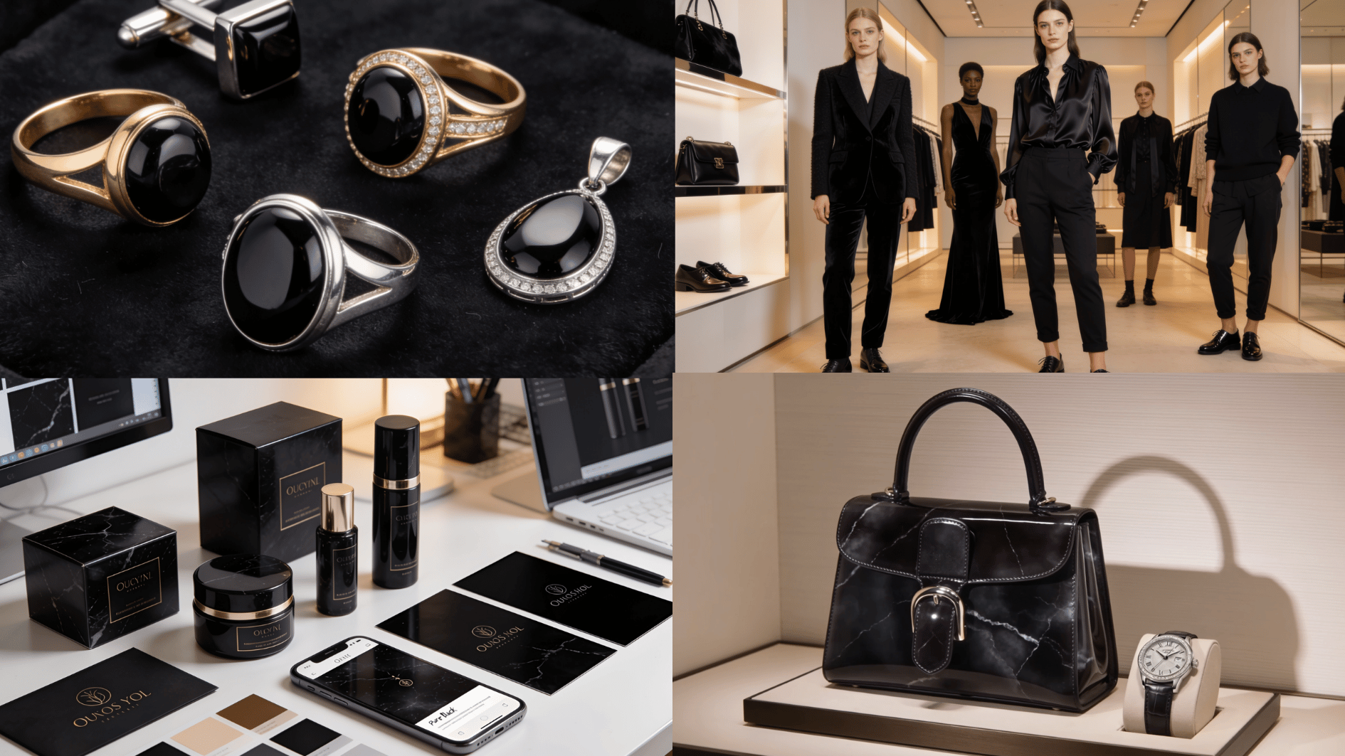 onyx color showcased through black gemstone jewelry, luxury fashion, premium branding designs, and elegant watch and handbag products