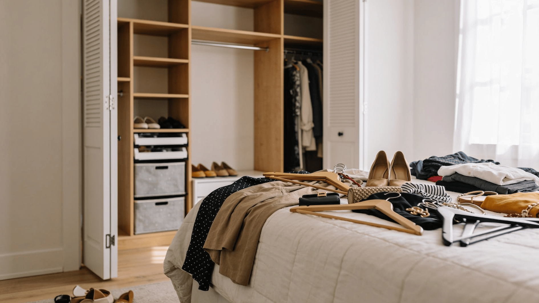 open closet with clothes shoes and hangers spread across a bed in a bright bedroom during sorting
