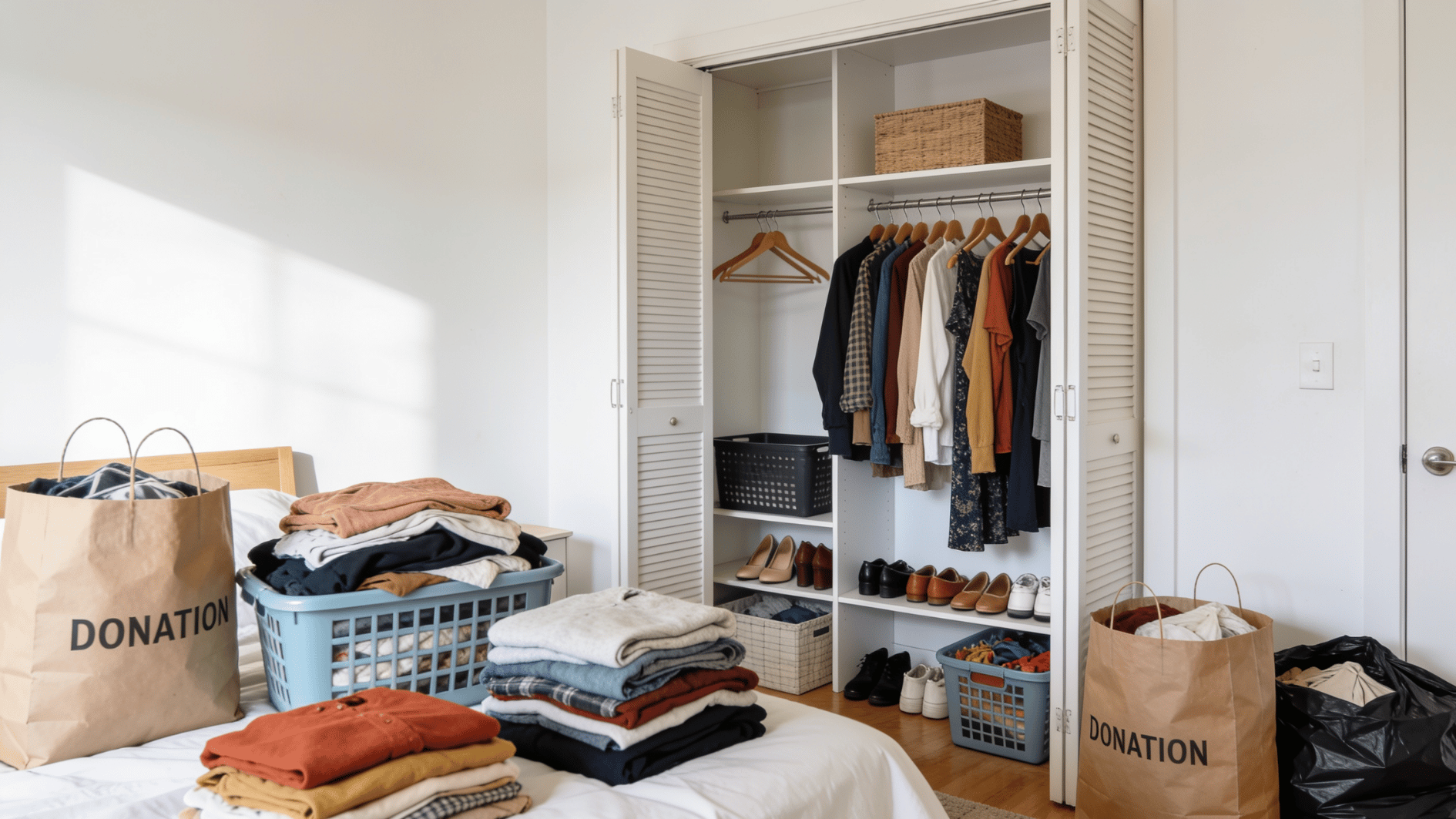 open closet with sorted clothes donation bags laundry baskets and folded stacks across a bright bedroom