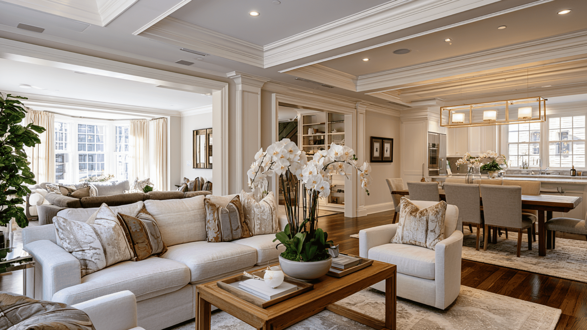 open-plan living and dining room with neutral furniture, orchids, and clear walkways