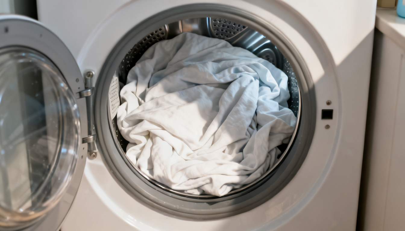 open washing machine filled with white bed sheets arranged loosely to allow proper cleaning and water circulation during washing