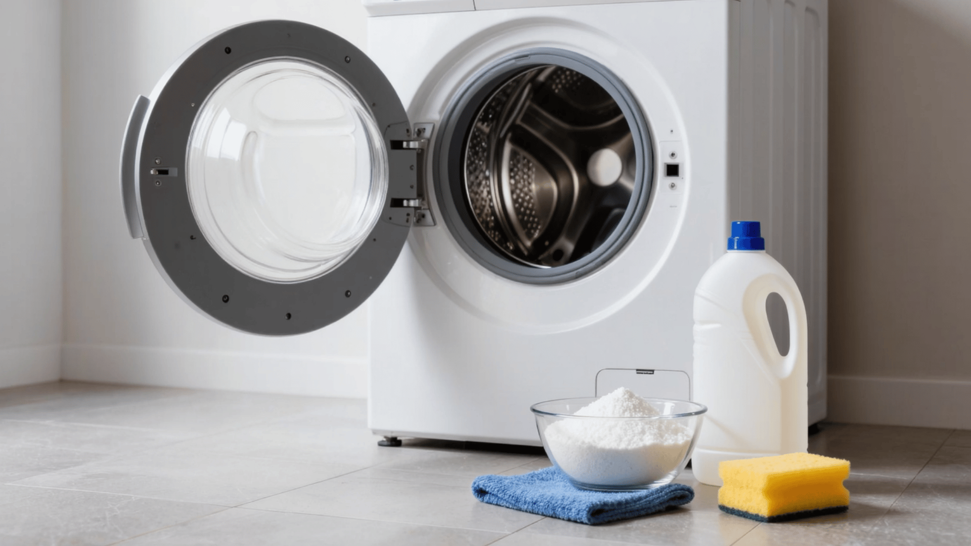 open washing machine with cleaning items like vinegar baking soda cloth and sponge nearby