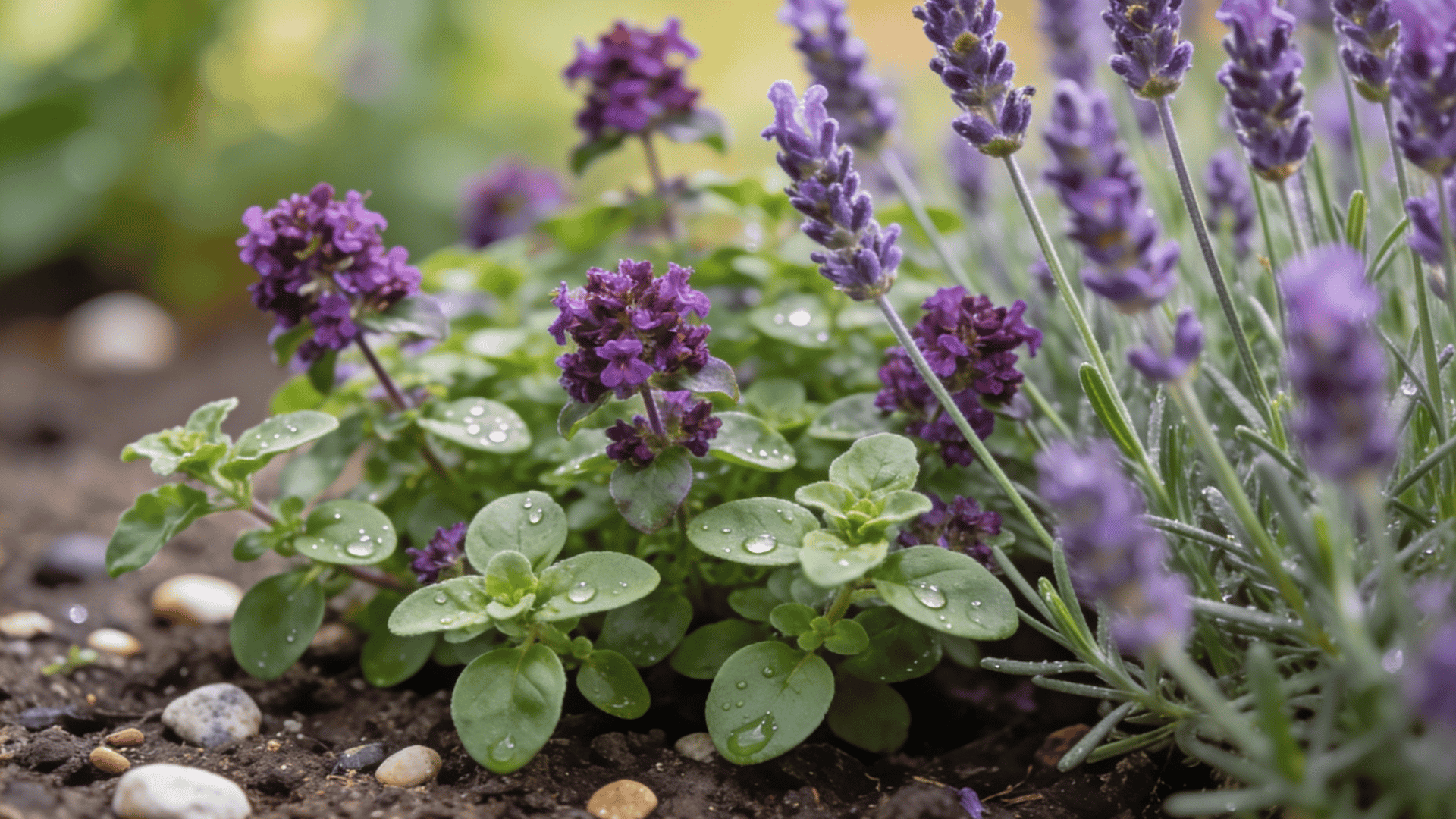 Oregano herb growing beside lavender in a sunny garden attracting pollinators.