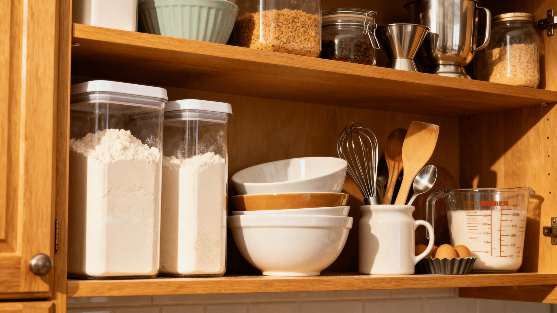 organized baking cabinet with flour containers mixing bowls and baking tools stored together in a practical setup (1)