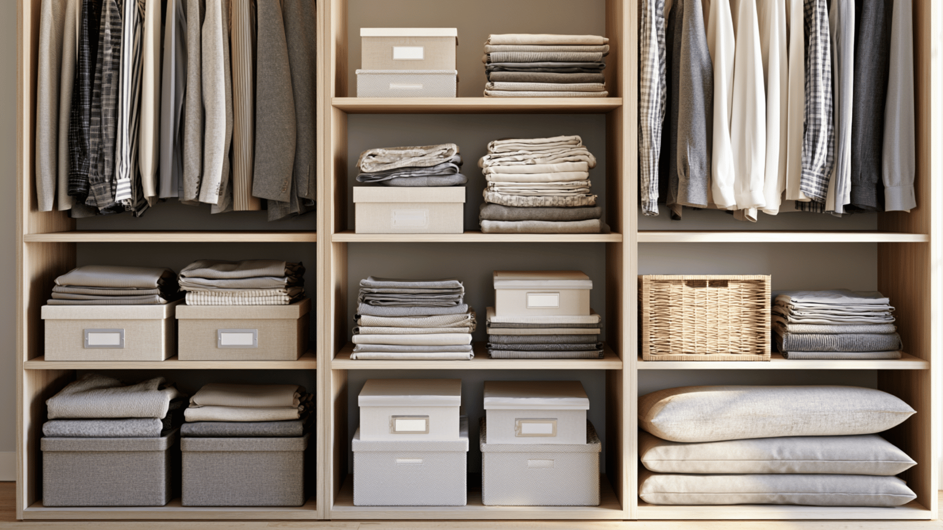 organized closet shelving with folded clothes, storage boxes, and neutral-toned garments