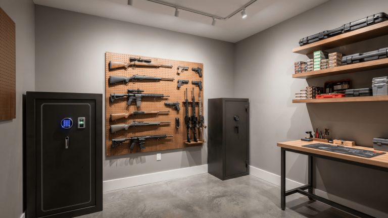 Gun room ideas with pegboard wall rack, safes, and open shelving storage