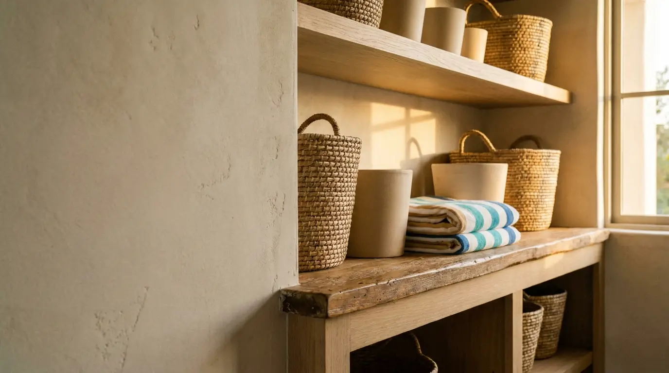 Wicker baskets and striped towels on wooden shelves in sunlit room
