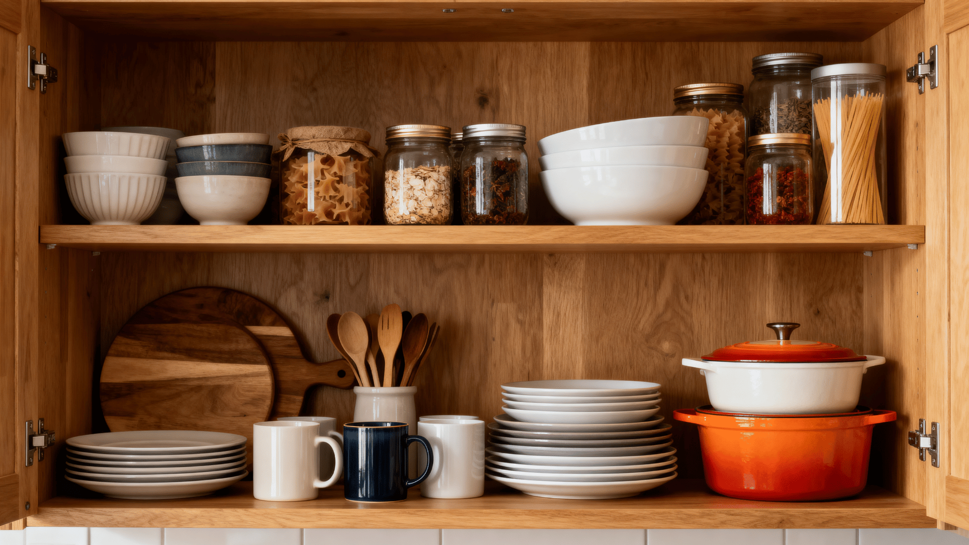 organized kitchen cabinet showing everyday dishes and supplies placed separately from rarely used household items