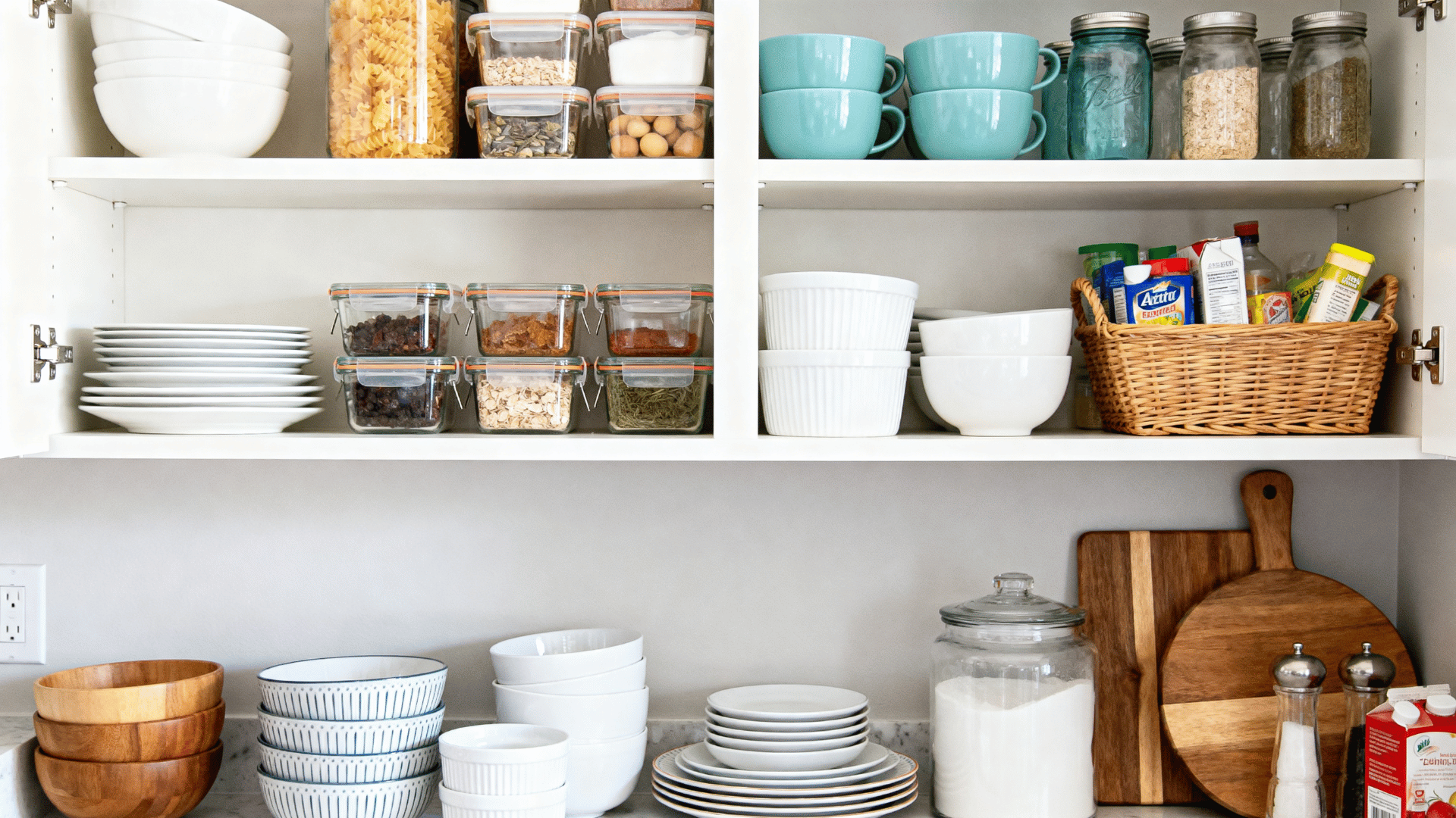 organized kitchen cabinet showing neatly arranged items after a regular reset and maintenance routine