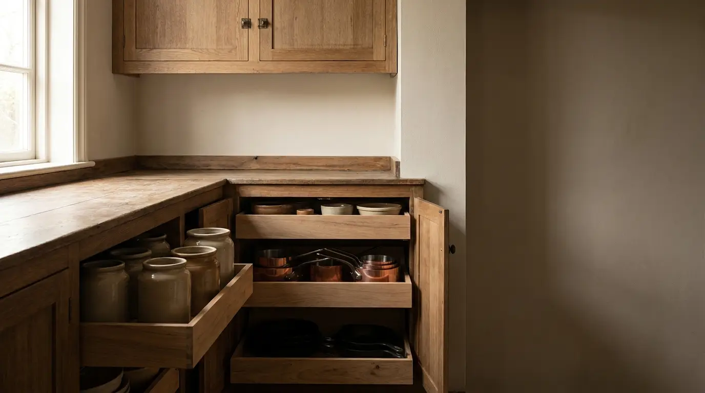 Wooden kitchen cabinets with open drawers revealing clay jars and copper pots