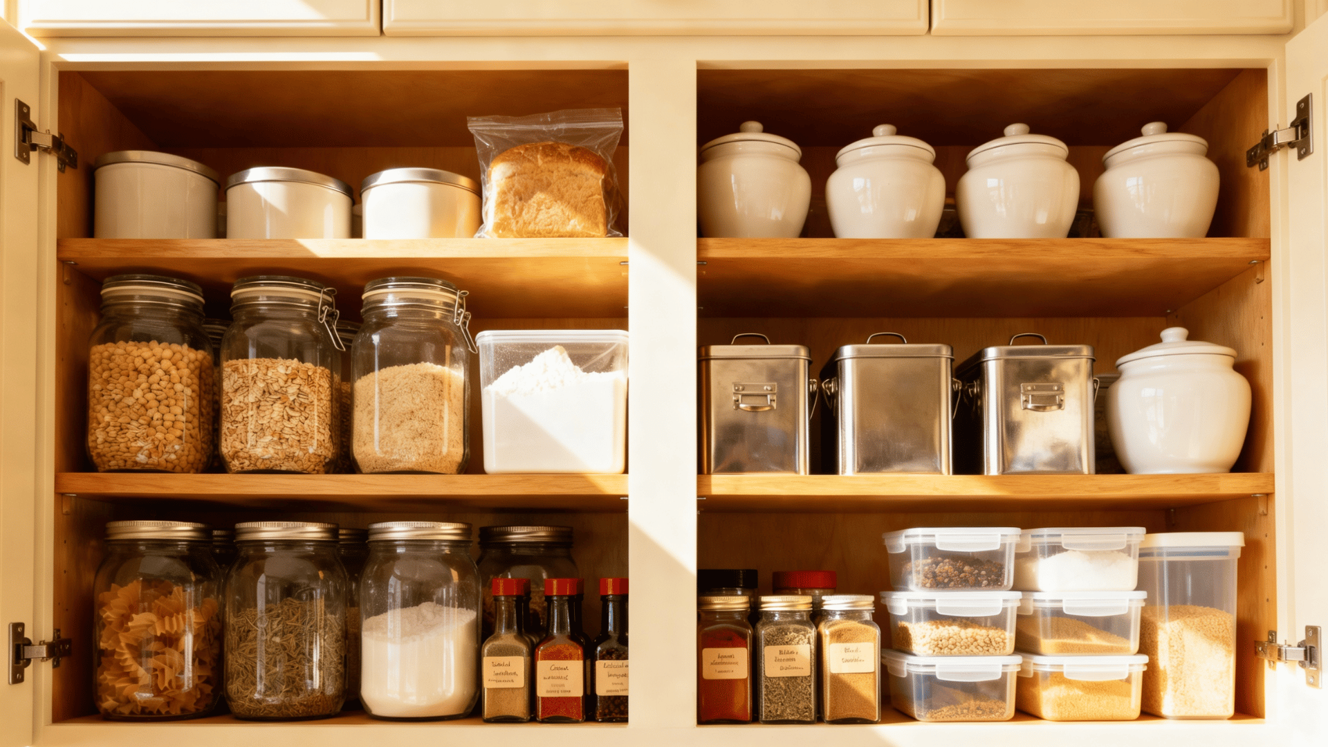organized kitchen cabinet with grains baking supplies and cooking ingredients grouped into separate storage sections