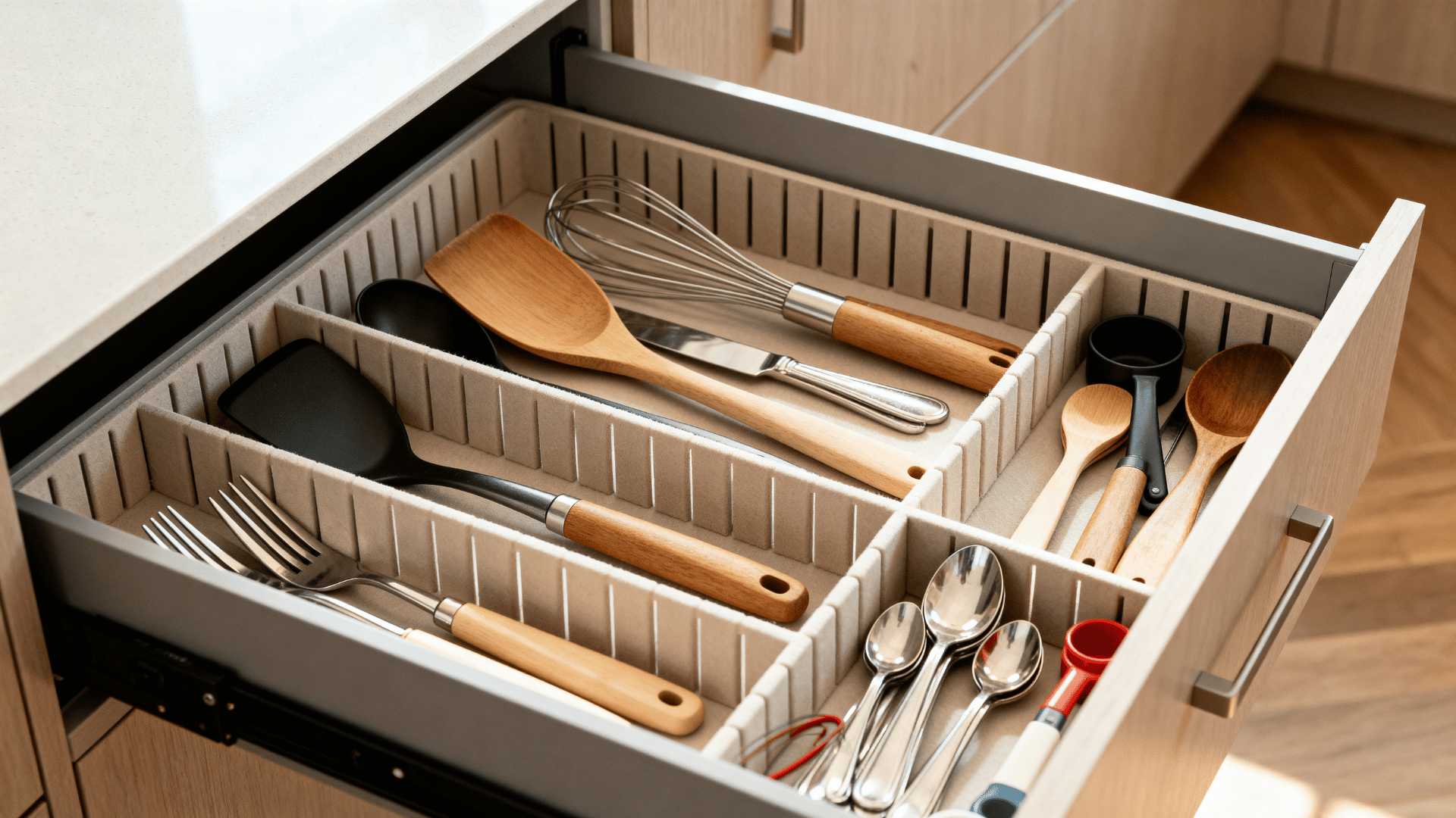 organized kitchen drawer with dividers separating utensils cutlery and small cooking tools into neat sections (1)