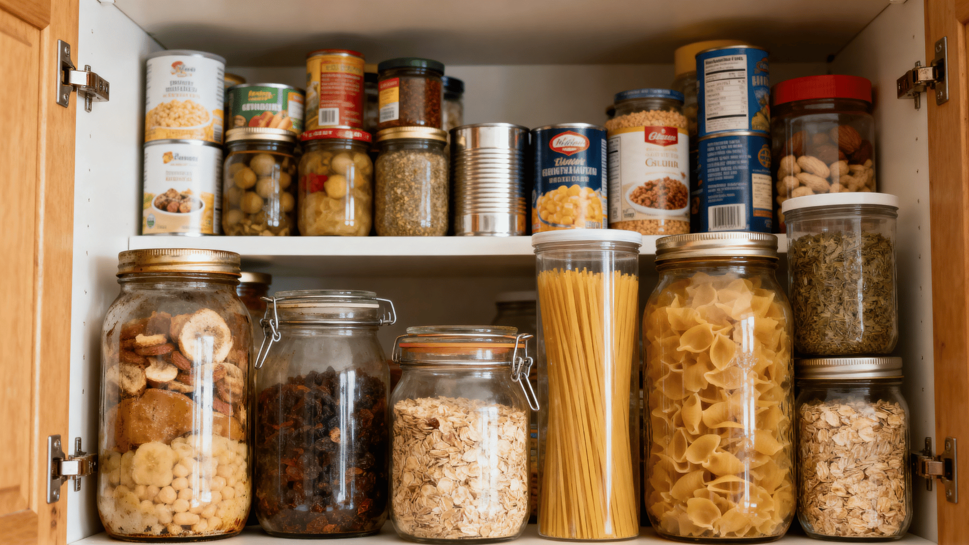 organized pantry cabinet showing food items arranged with older products placed forward for regular rotation
