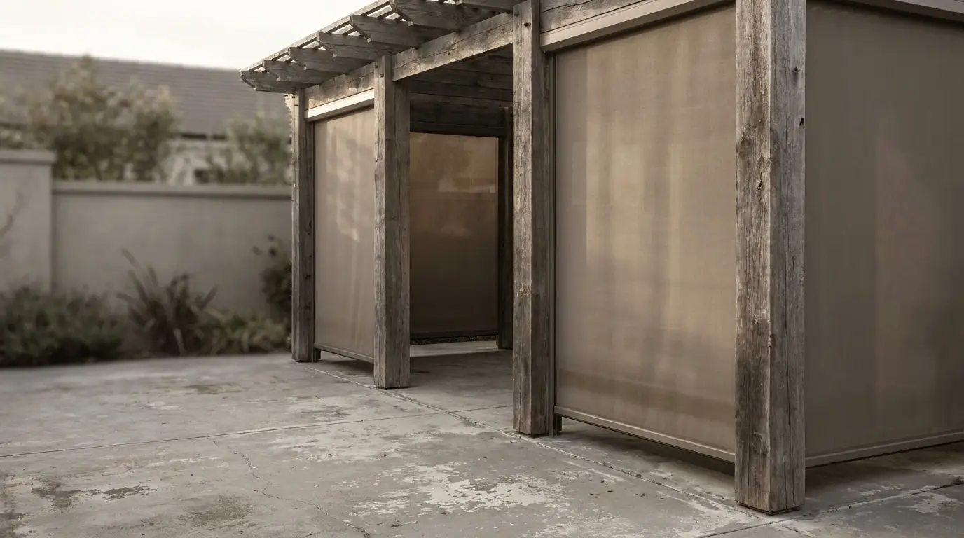 Wooden pergola with beige fabric panels in a minimalist outdoor patio setting