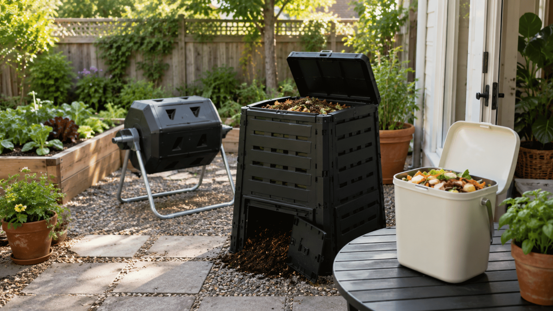 outdoor compost bins with food scraps beside raised garden beds in a sunny backyard patio