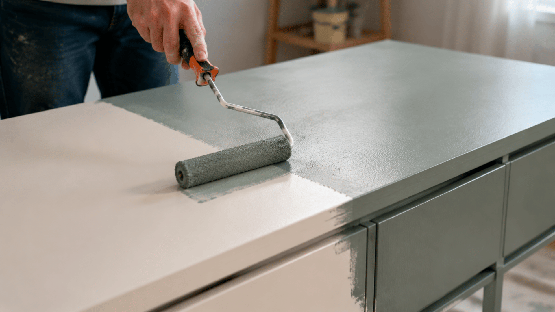 Painting IKEA furniture with using a roller brush.
