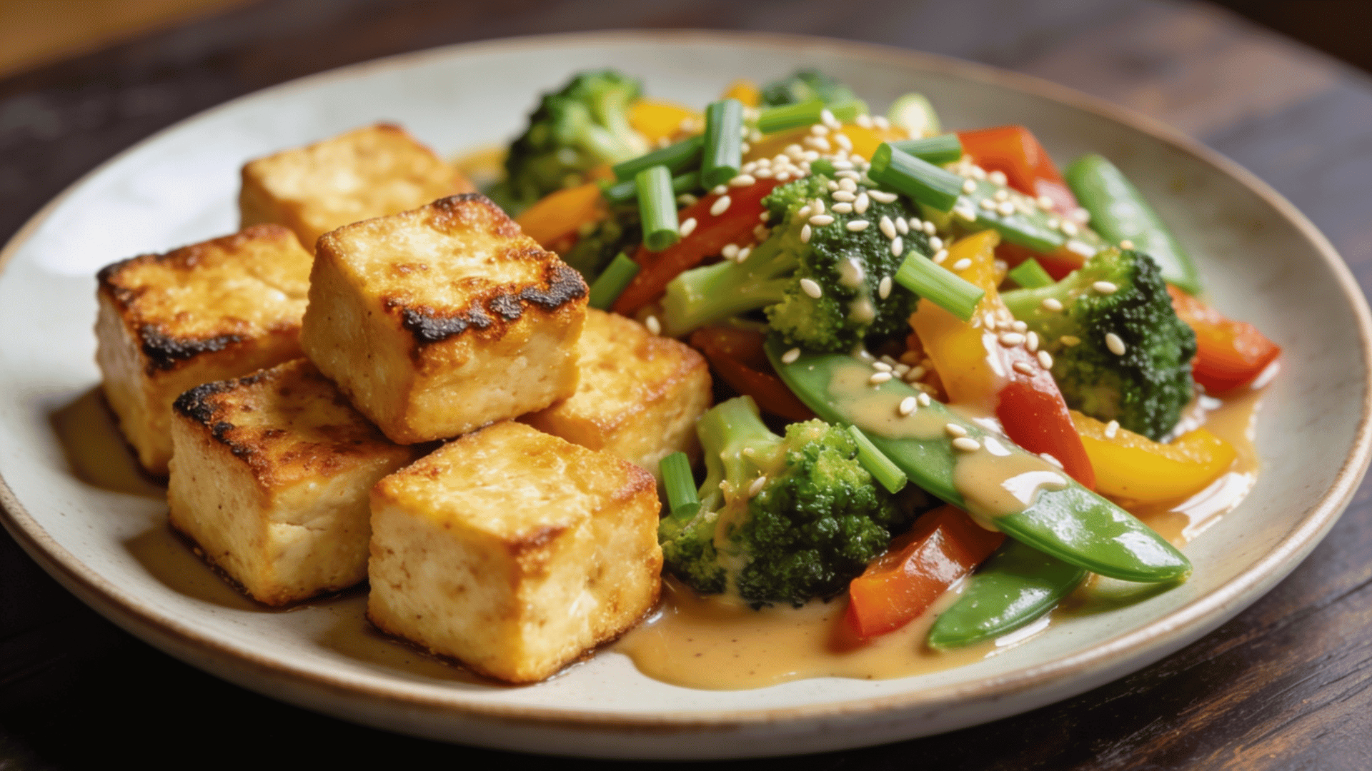 pan-fried tofu served with mixed vegetables, sesame seeds, and a savory sauce on a dinner plate
