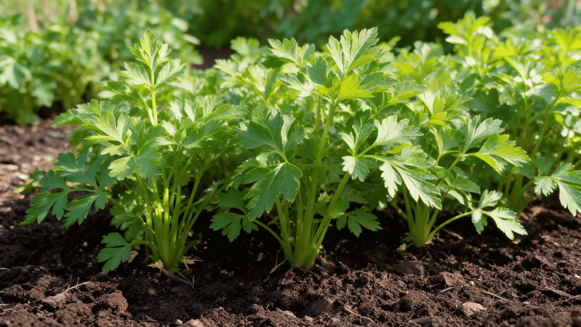 Parsley plant with bright green leafy stems growing in garden soil.