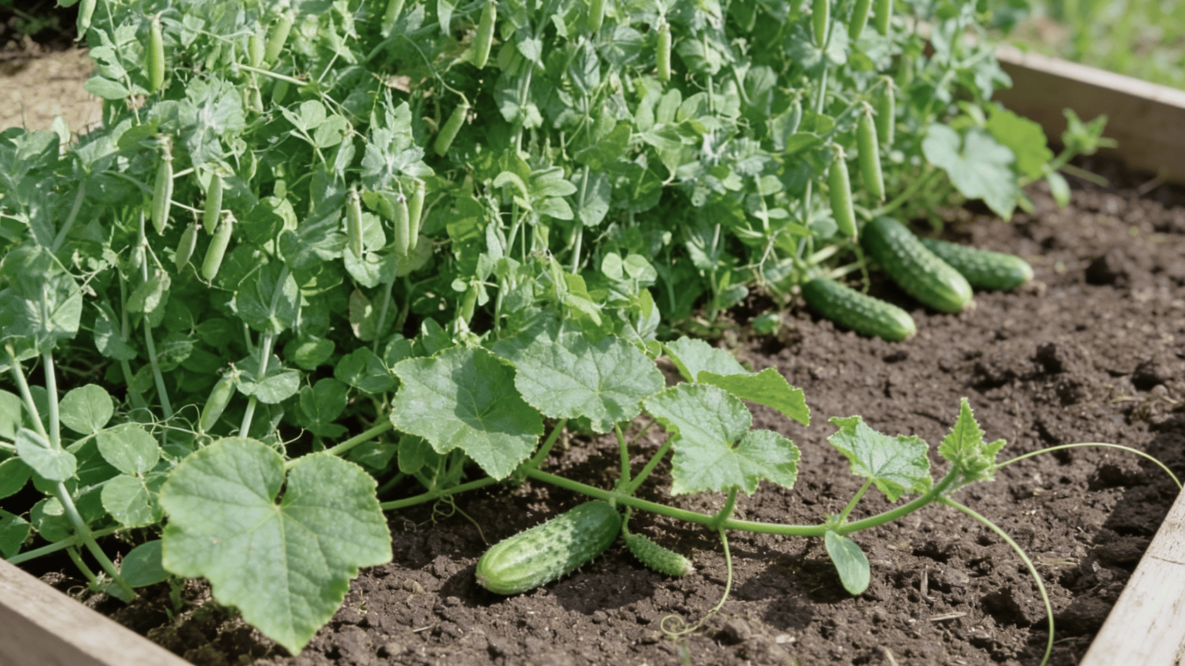 Pea plants growing beside young cucumber vines in a vegetable garden bed