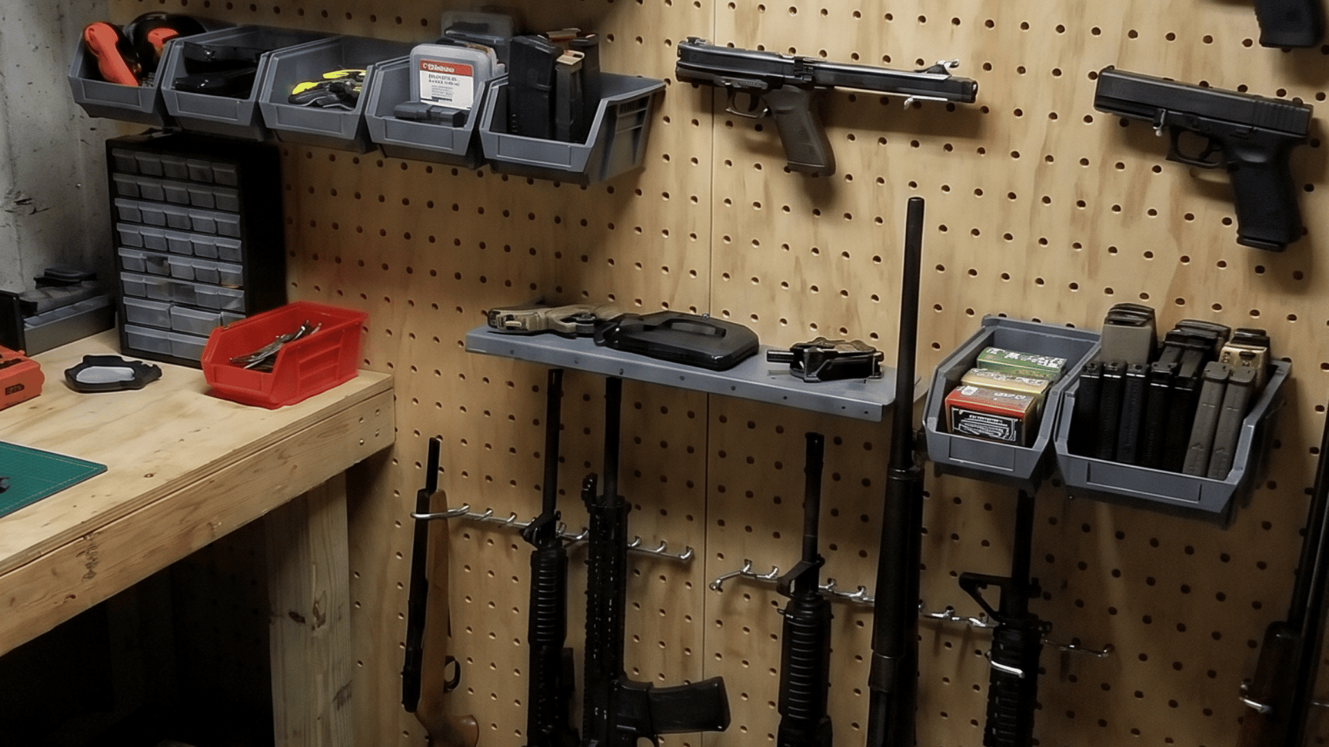pegboard on a wall with firearms and gun accessories organized using hooks
