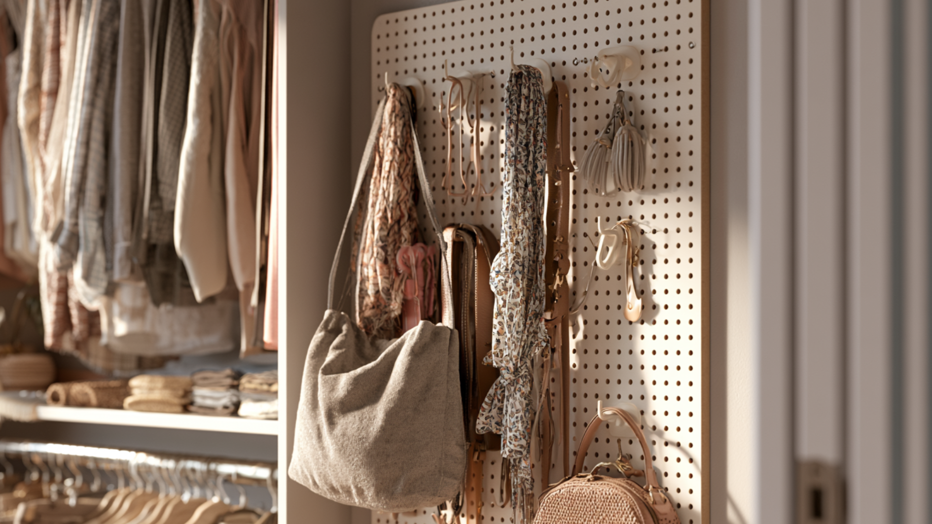 pegboard wall in closet with hanging bags, scarves, and accessories organized in neutral tones