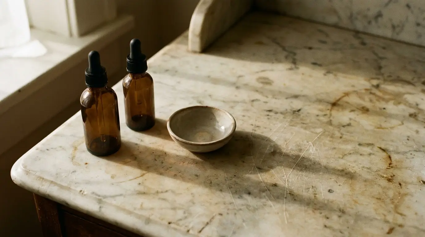 Amber glass dropper bottles and ceramic bowl on marble countertop in natural light
