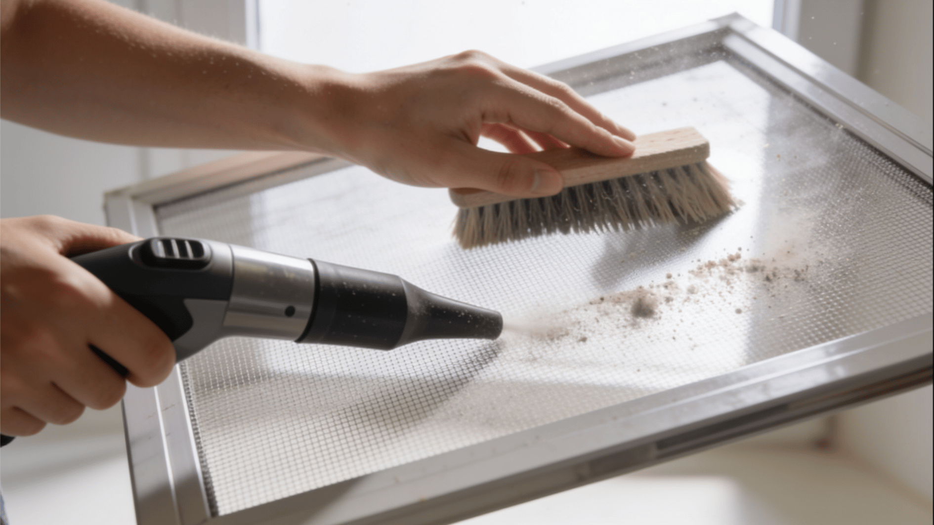 Person cleaning a window screen using a soft brush and vacuum to remove dust and debris (1)