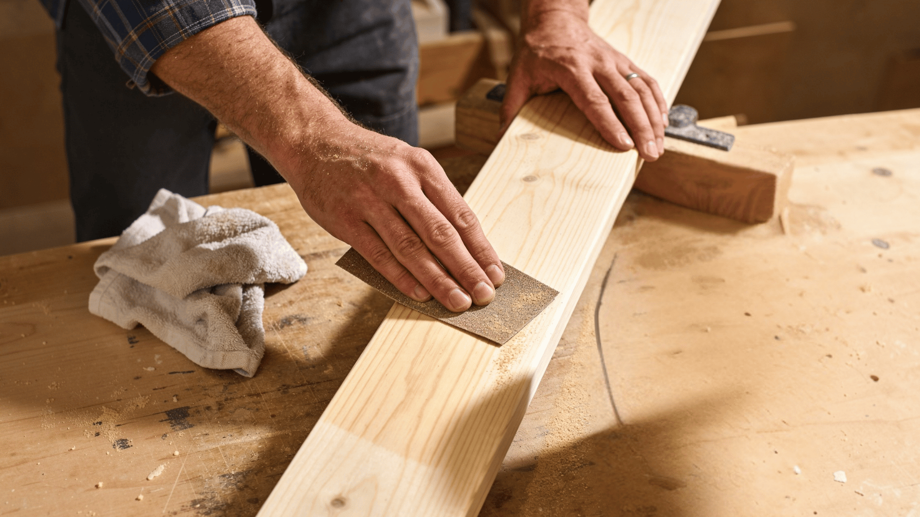 person holds 220-grit sandpaper with one hand, sanding lightly along the wood grain (1)