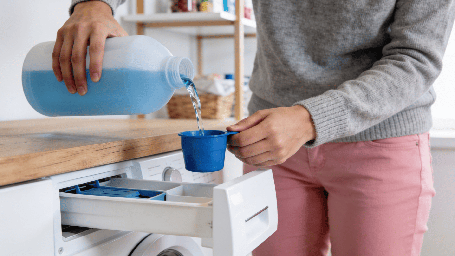 person pouring blue liquid laundry detergent into a measuring cup beside an open washing machine detergent drawer