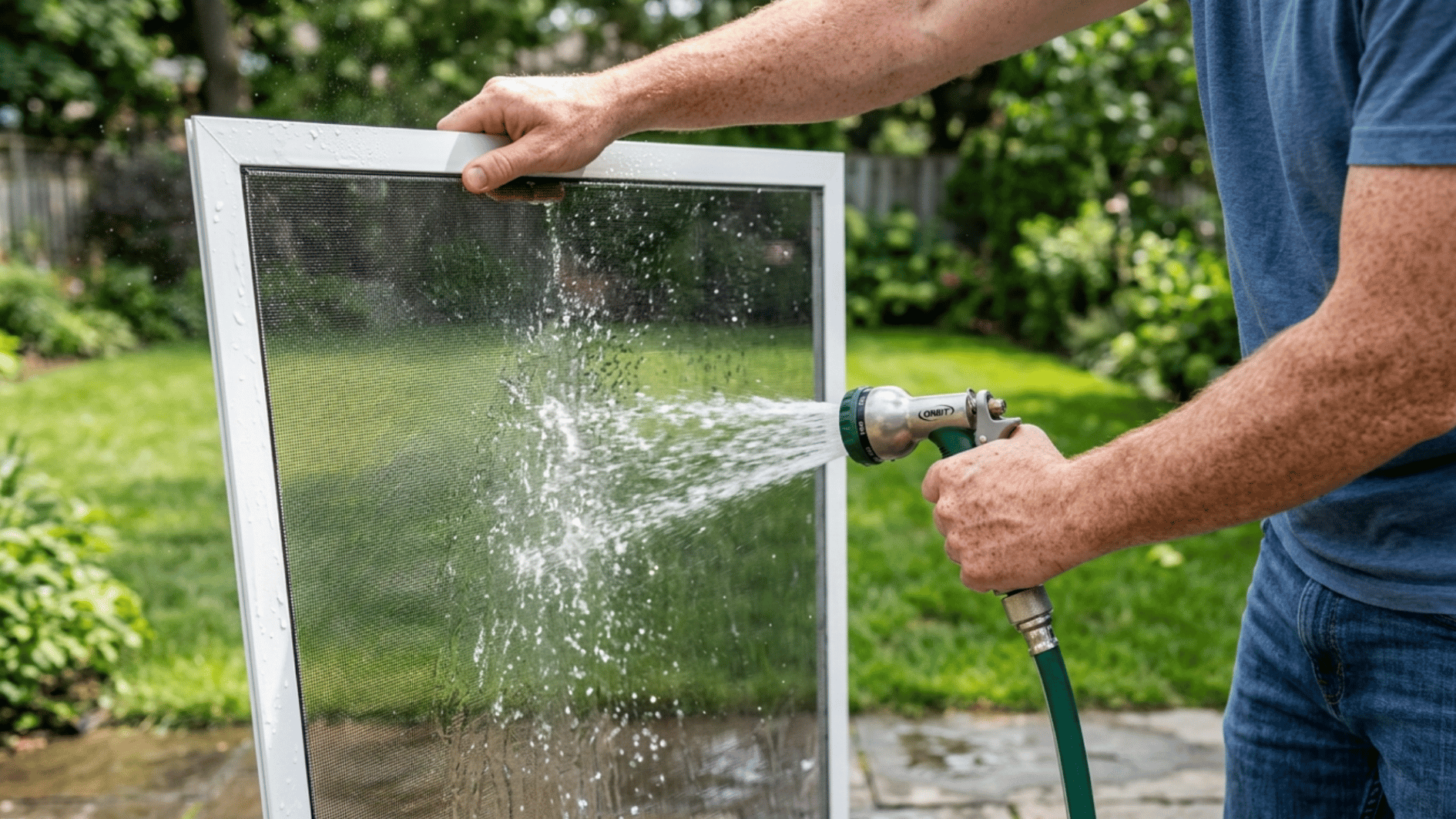 person rinsing a removable window screen with a garden hose outdoors to wash away dirt dust and pollen buildup before reinstalling