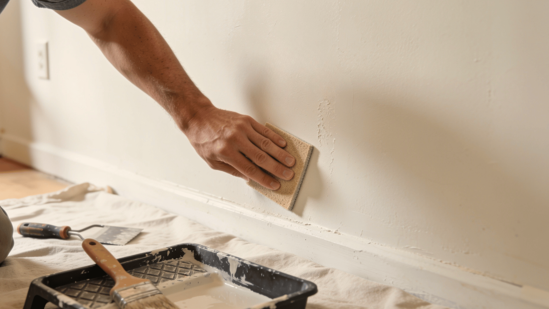 person sanding a patched drywall area before painting with repair tools and paint tray on a protective drop cloth