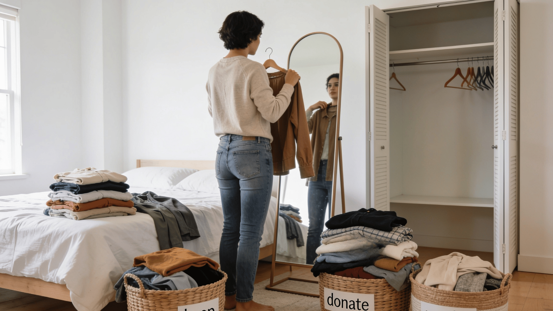 person sorting clothes by mirror with donation baskets and open closet in a bright bedroom