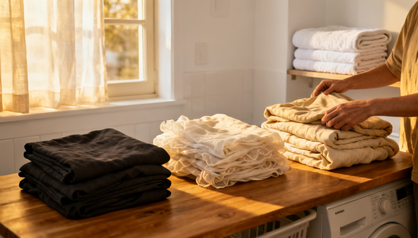 person sorting dark and light bed sheets on a laundry room table beside a washing machine in natural sunlight