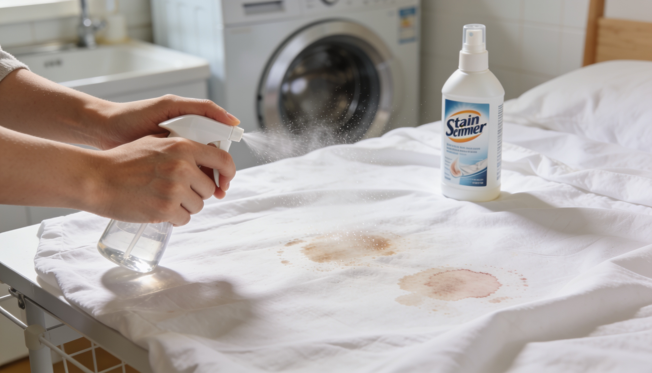 person spraying stain remover on stained white bed sheets before washing with a laundry machine visible in the background