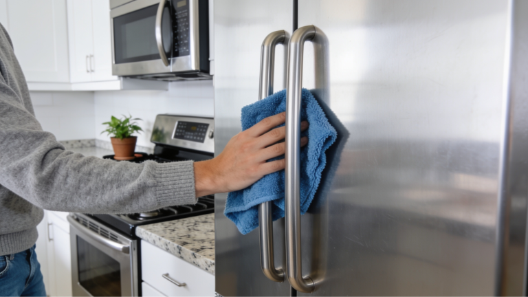 person cleaning stainless steel fridge in modern kitchen