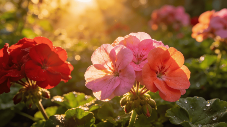 pink and red geranium flowers blooming in a sunlit garden with green leaves and warm golden evening light