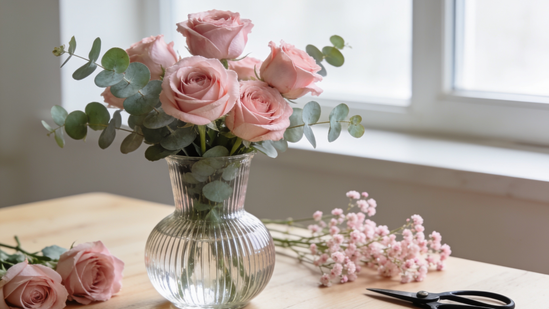 pink roses and eucalyptus in a ribbed glass vase with baby’s breath and scissors nearb