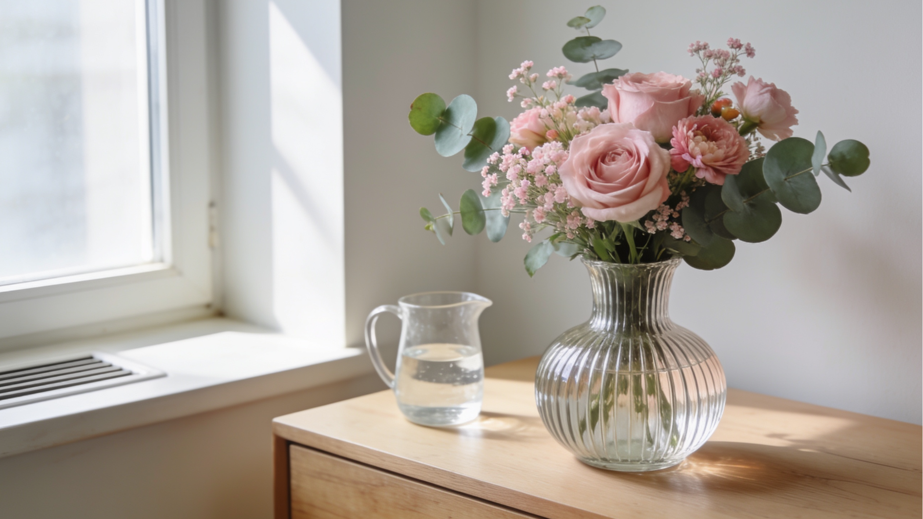 pink roses, baby’s breath, and eucalyptus in a ribbed glass vase beside a water pitcher