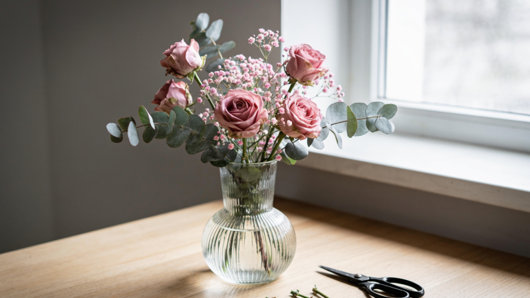 pink roses, baby’s breath, and eucalyptus in a ribbed glass vase beside scissors (2)