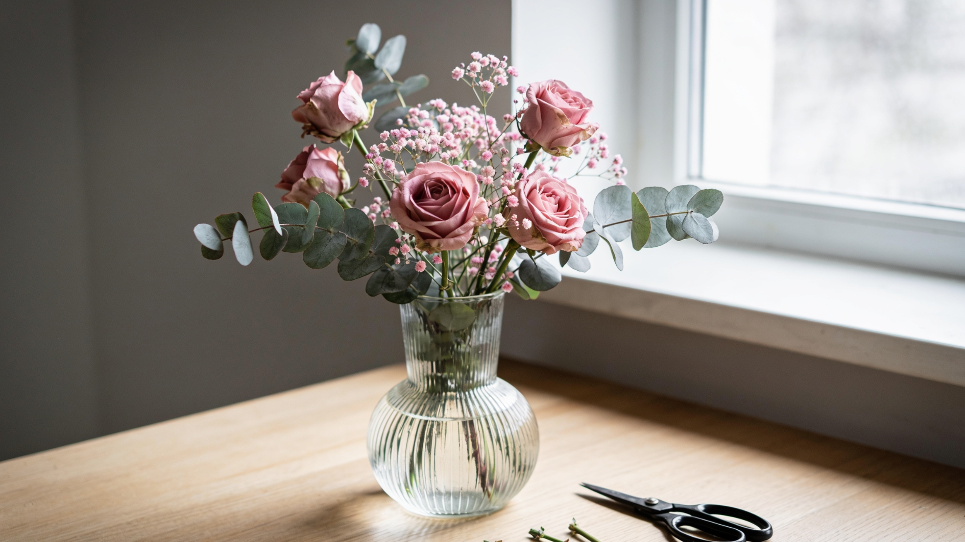 pink roses, baby’s breath, and eucalyptus in a ribbed glass vase beside scissors (2)