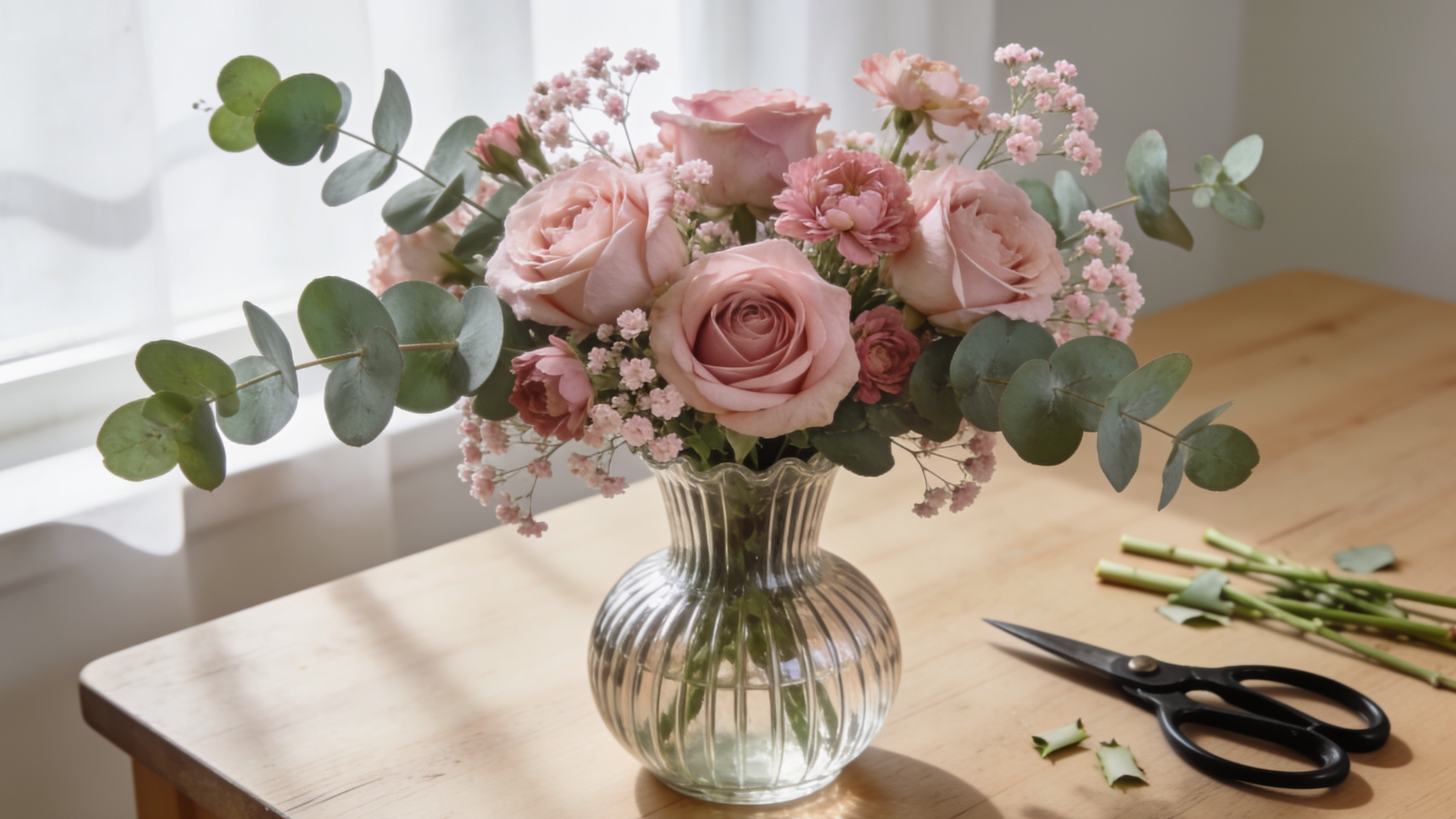 pink roses, baby’s breath, and eucalyptus in a ribbed glass vase beside scissors