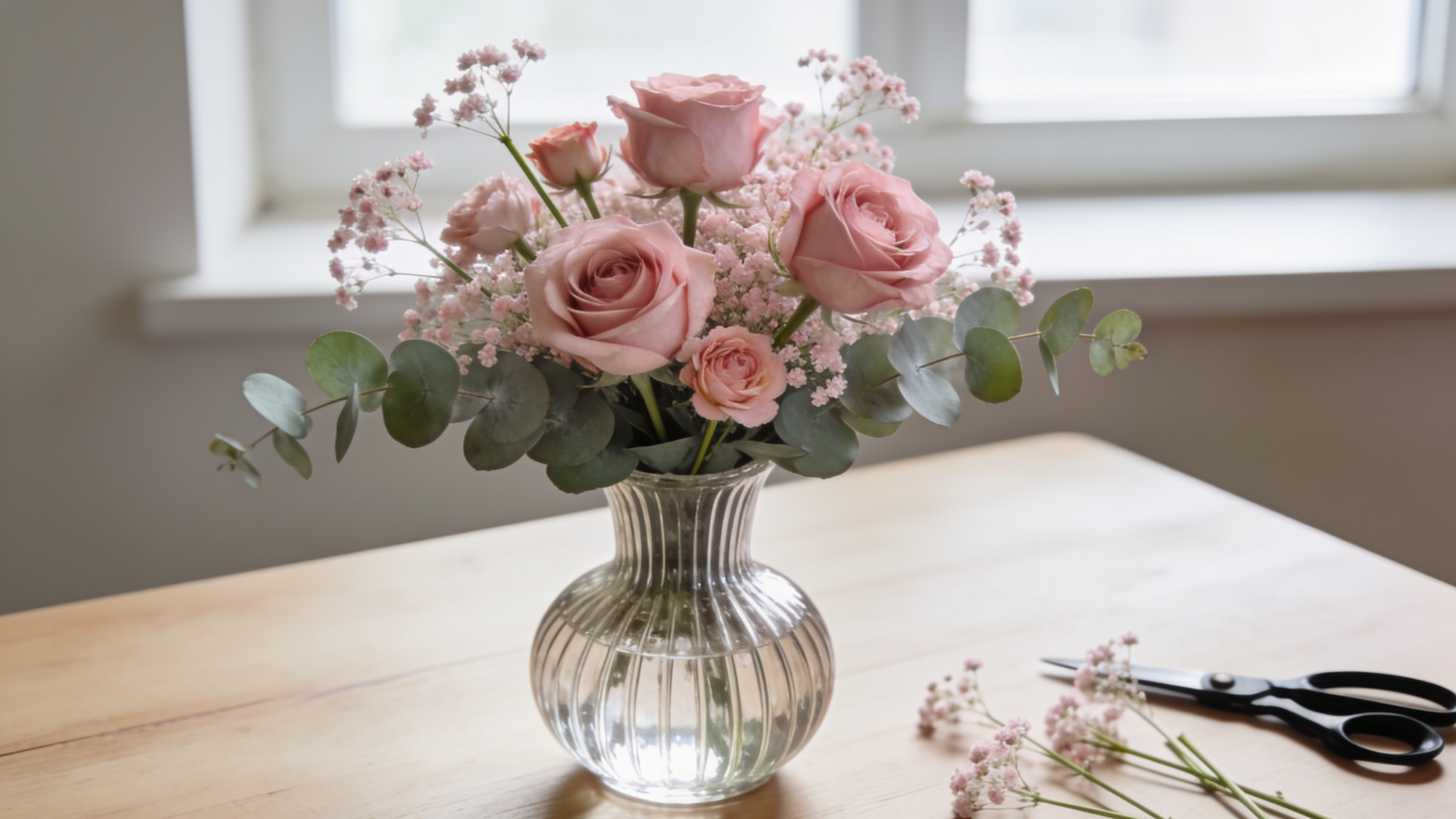 pink roses, baby’s breath, and eucalyptus in a ribbed glass vase on a wooden table