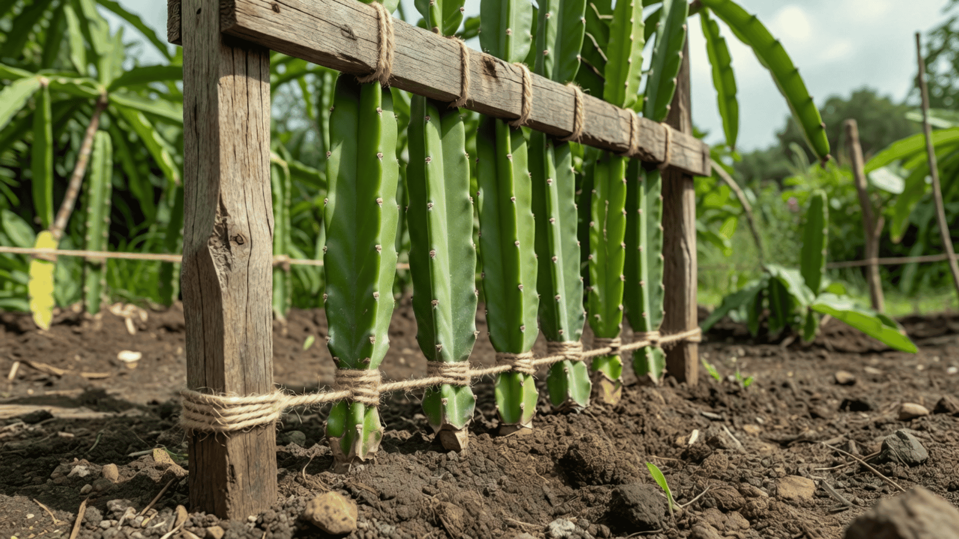 Dragon fruit cuttings tied at base of trellis for upward growth support.