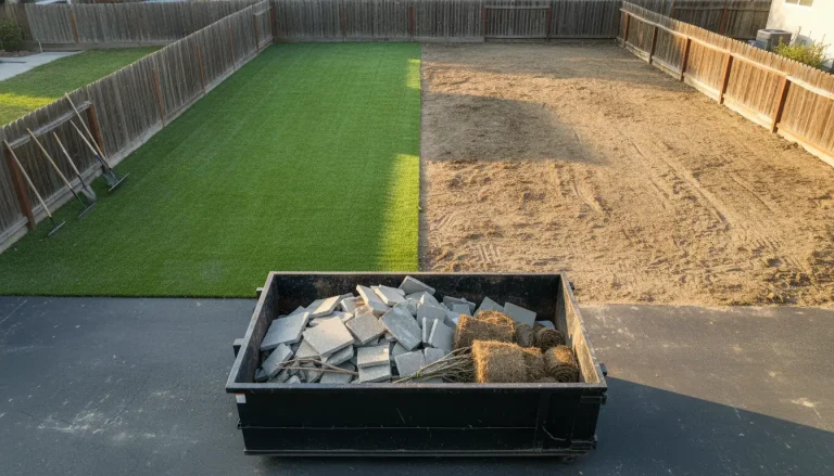 Landscaping project with artificial grass and soil, rakes leaning against fence, dumpster with debris
