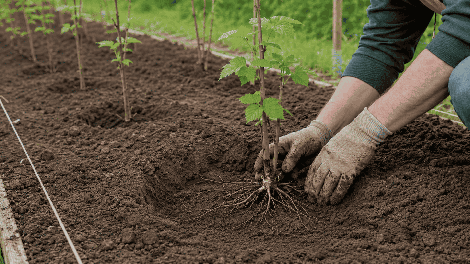 Gardener planting raspberry canes with exposed roots in a prepared garden row.