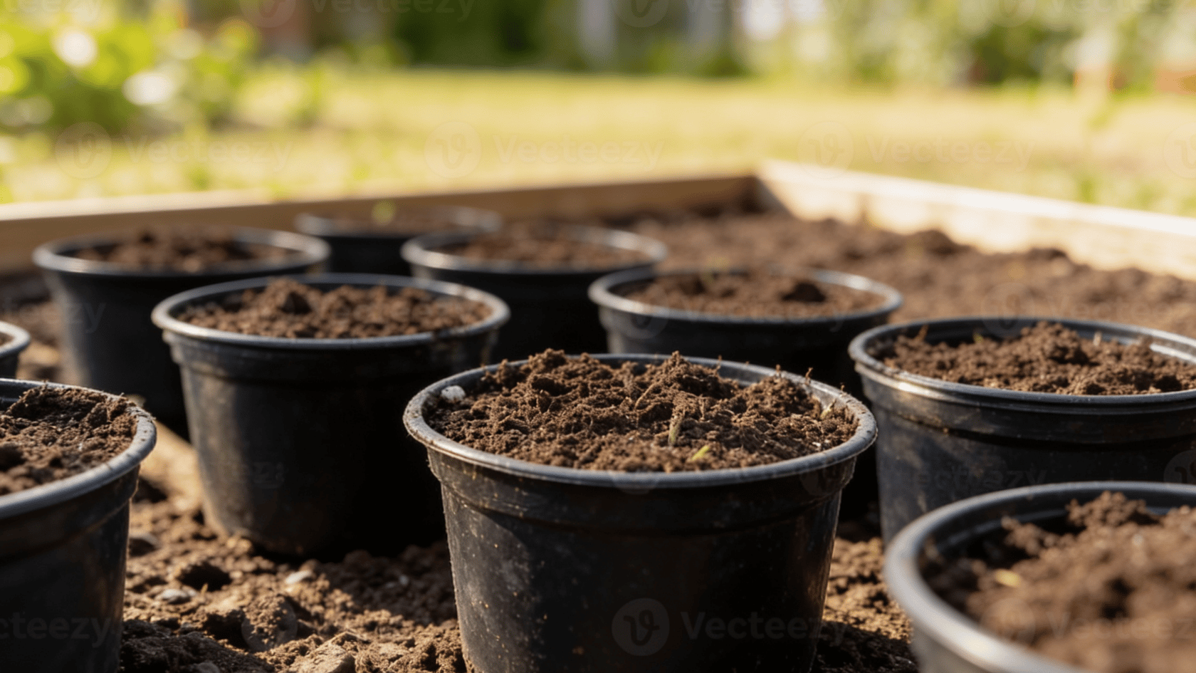Rows of black nursery pots filled with soil set in a garden bed with blurred greenery in sunlight